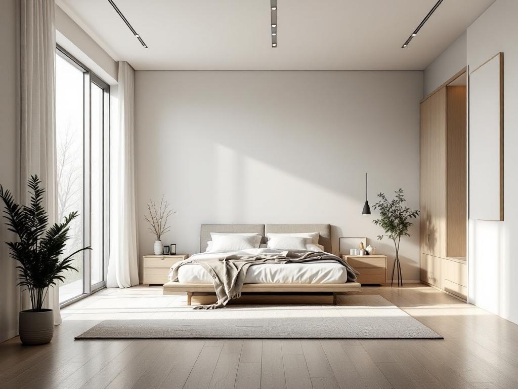 A minimalist bedroom featuring an open space layout with large windows, light colors, and simple furniture.