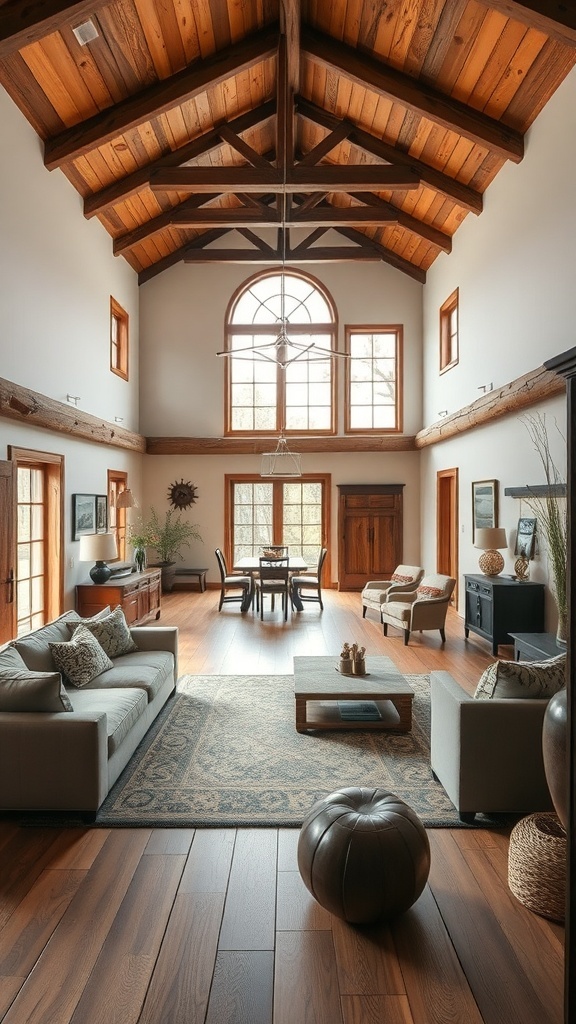 Rustic living room with high ceilings and natural light.