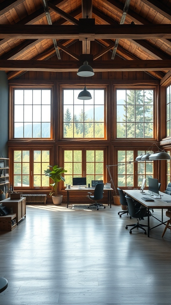 A rustic office with large windows and an open space layout.