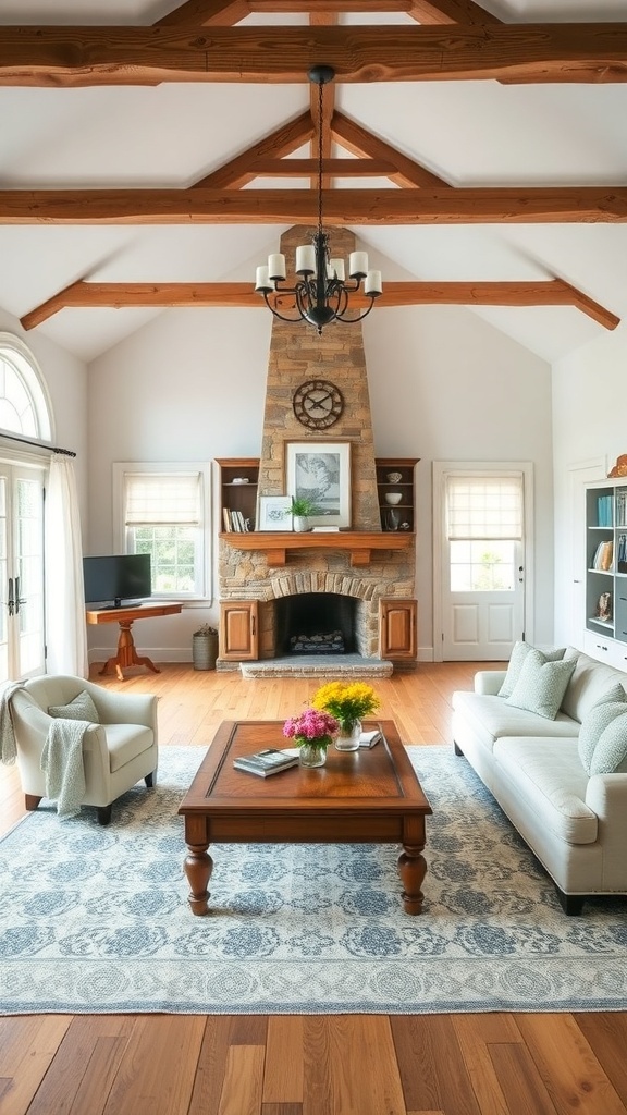 A cozy French cottage living room with high ceilings, wooden beams, and a warm fireplace.