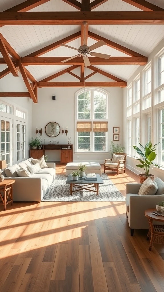 A bright and airy farmhouse living room with large windows, wooden beams, and cozy furniture.