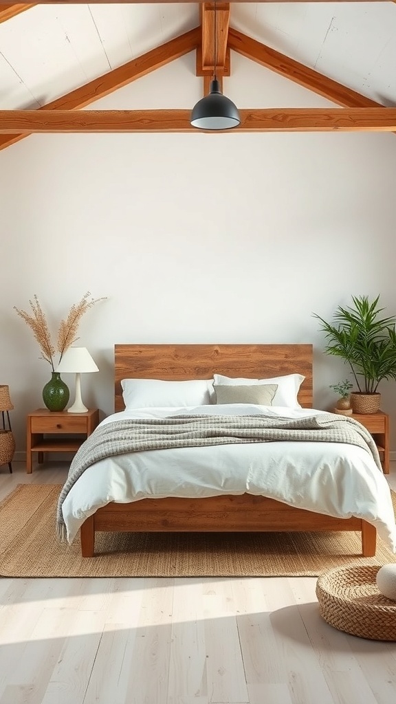 A modern rustic bedroom featuring a wooden bed, minimal decor, and natural light.