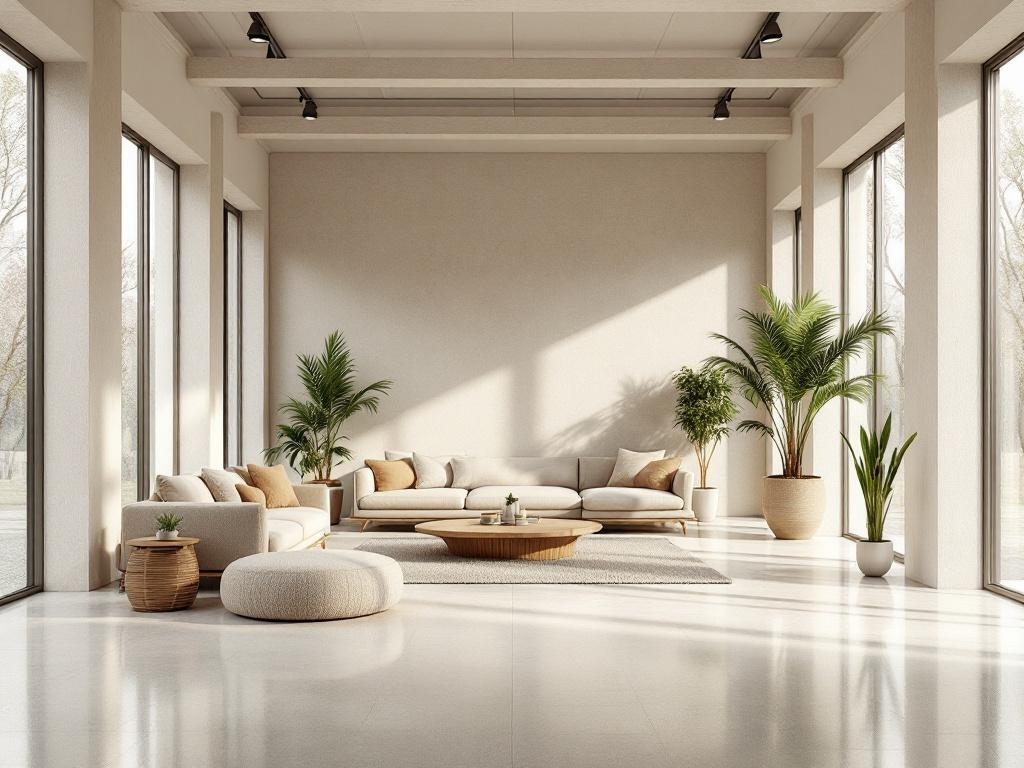 A spacious living room with large windows, neutral furniture, and indoor plants.
