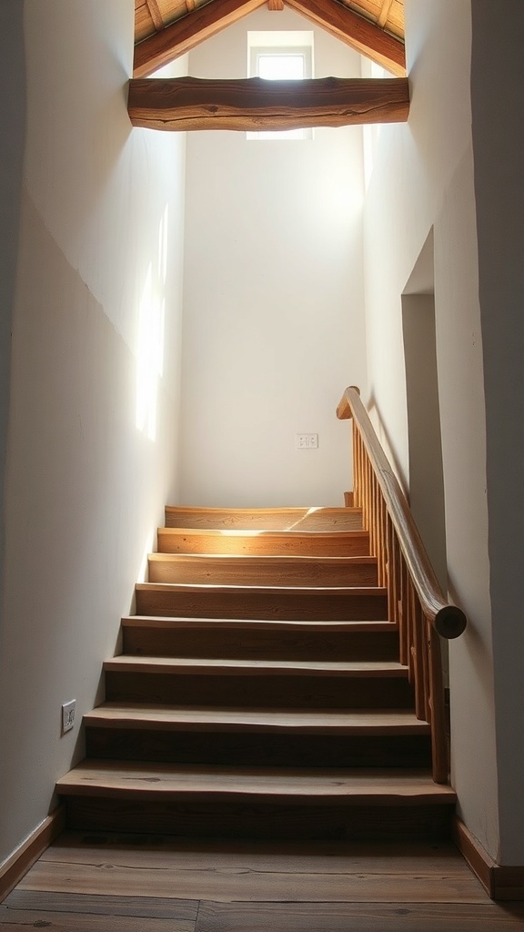 Rustic open tread staircase with wooden steps and a handrail