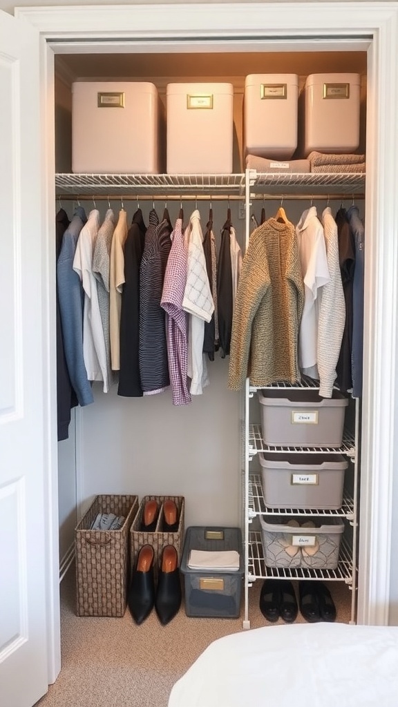 A well-organized closet with labeled bins and a child standing inside.