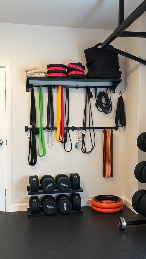 A well-organized home gym storage solution featuring a wall-mounted rack for resistance bands, weights on a shelf, and a clean workout area.