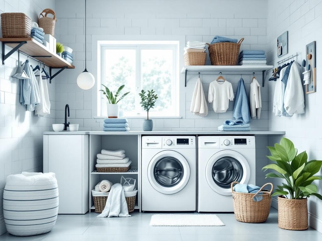 A small, organized laundry room with washing machines, a countertop, shelves, and plants.
