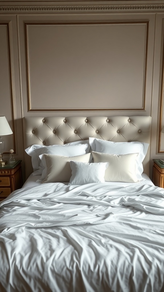 Luxurious bedroom with a plush headboard and neatly arranged bedding.