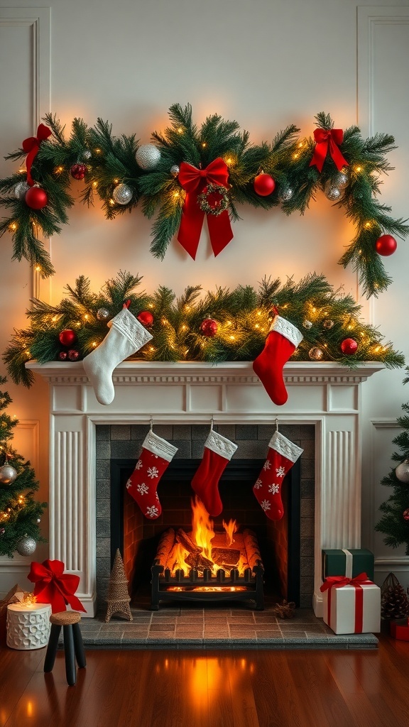 A beautifully decorated fireplace with stockings, greenery, and Christmas ornaments.