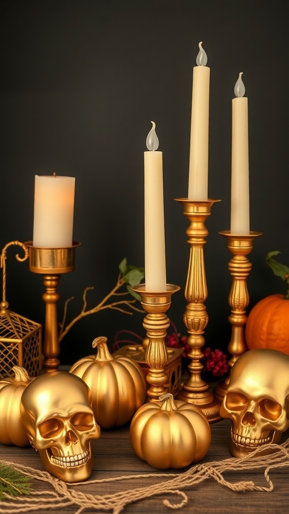 Elegant Halloween decor featuring golden pumpkins, skulls, and candle holders