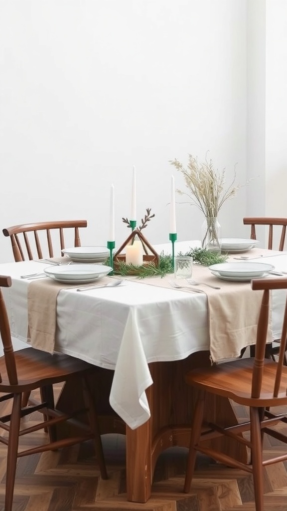 A cozy dining table set with organic cotton tablecloths and natural decor for Christmas.