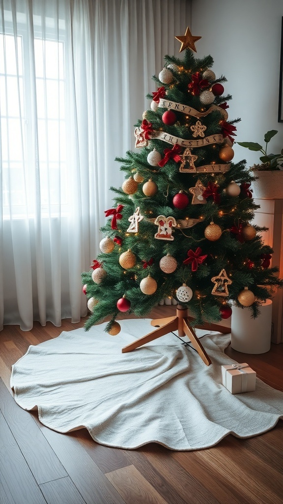 A beautifully decorated Christmas tree with an organic cotton tree skirt underneath.