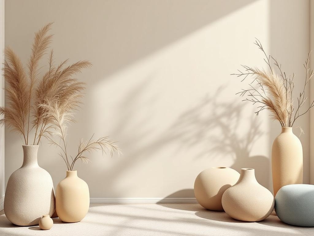 A collection of vases in soft, organic shapes with pampas grass, set against a neutral wall.