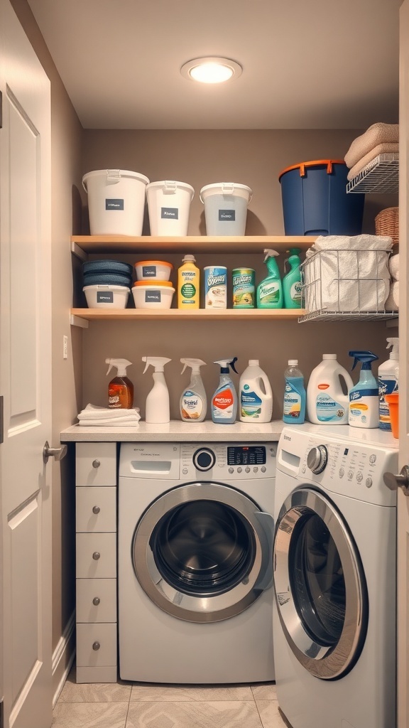 A well-organized laundry room with cleaning supplies neatly arranged on shelves and a countertop.