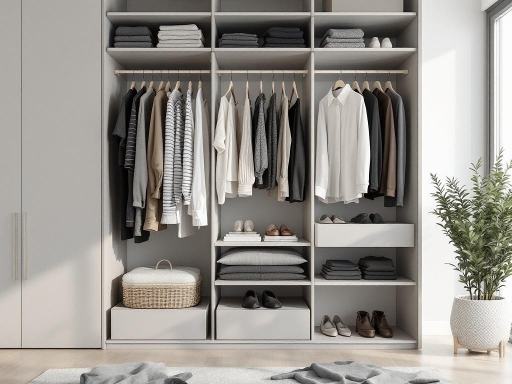 A minimalist closet with neatly hung clothes, open shelving, and a plant in the corner.