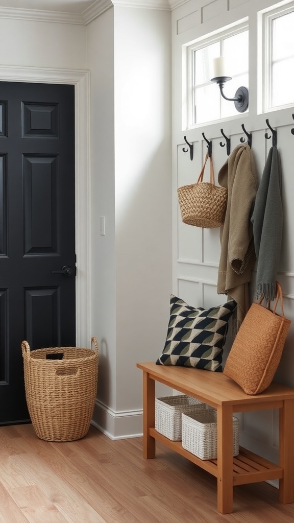 A tidy entryway featuring a black door, hooks for coats, a wooden bench, and woven baskets.