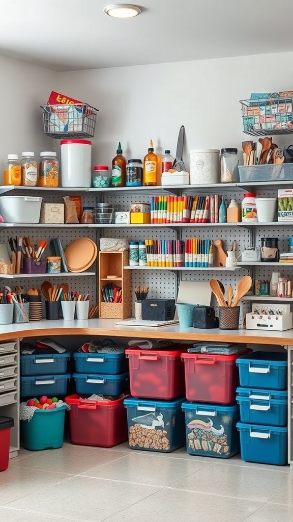 A cozy hobby room with organized storage solutions for craft supplies, featuring colorful bins and labeled containers.