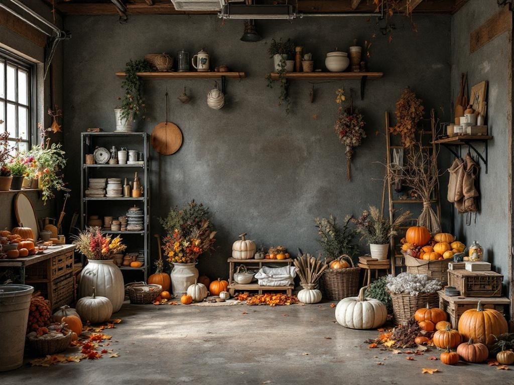A cozy garage setup for Thanksgiving crafts, featuring pumpkins, flowers, and organized shelves.