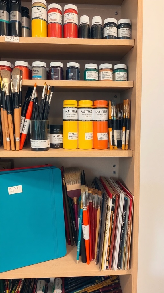 Organized art supplies on a shelf including paints, brushes, and sketchbooks.