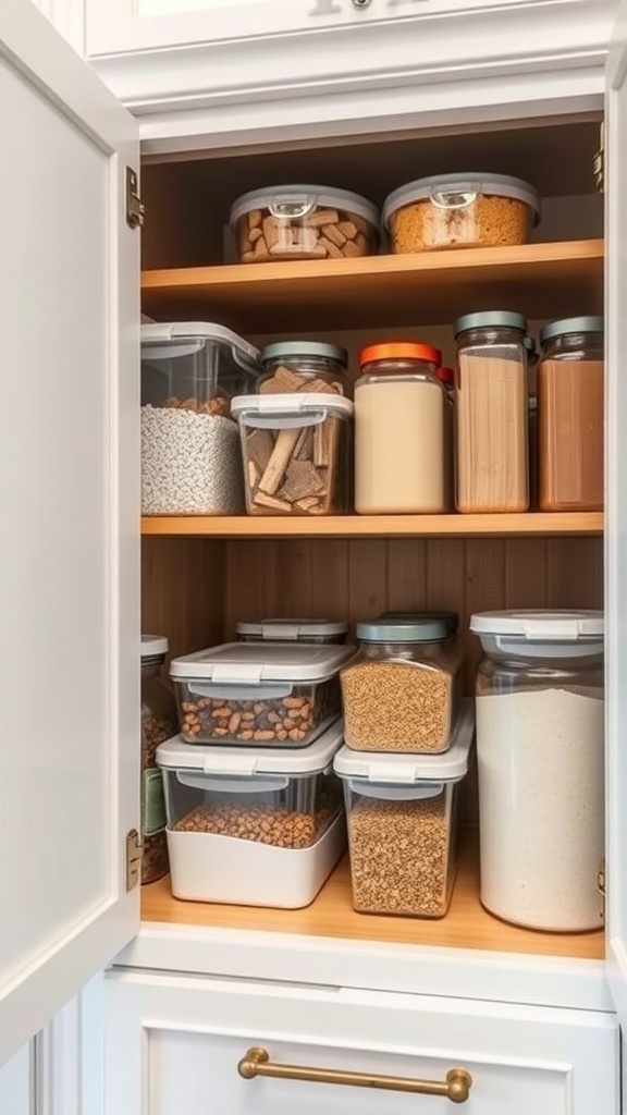 Organized kitchen cabinet with clear containers holding various ingredients.