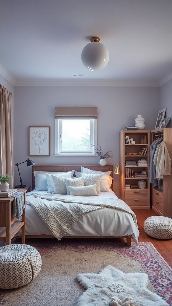 A cozy winter bedroom with a neatly made bed, storage baskets, and warm lighting.