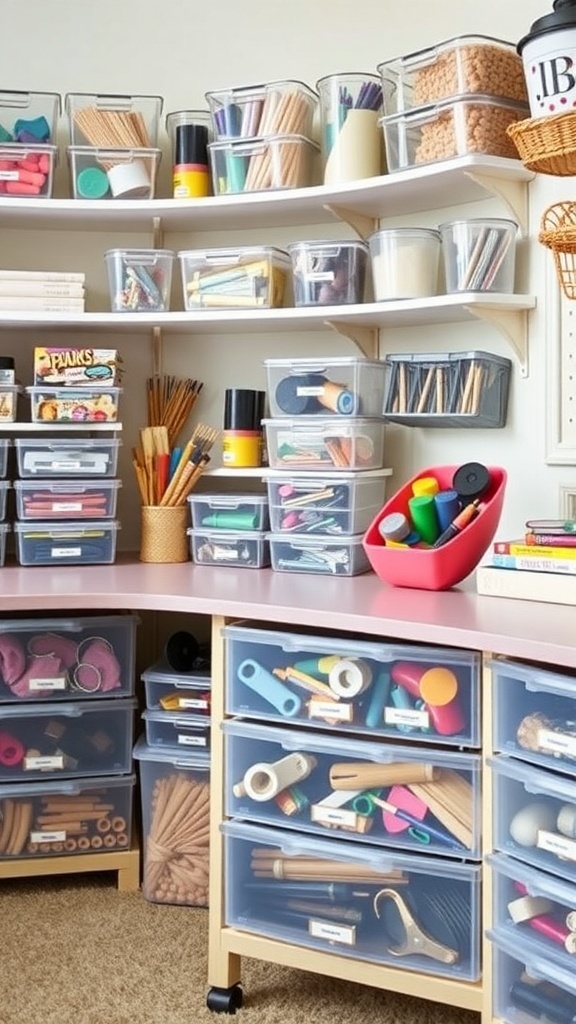 A well-organized craft room with clear bins and labeled drawers for easy access to supplies.