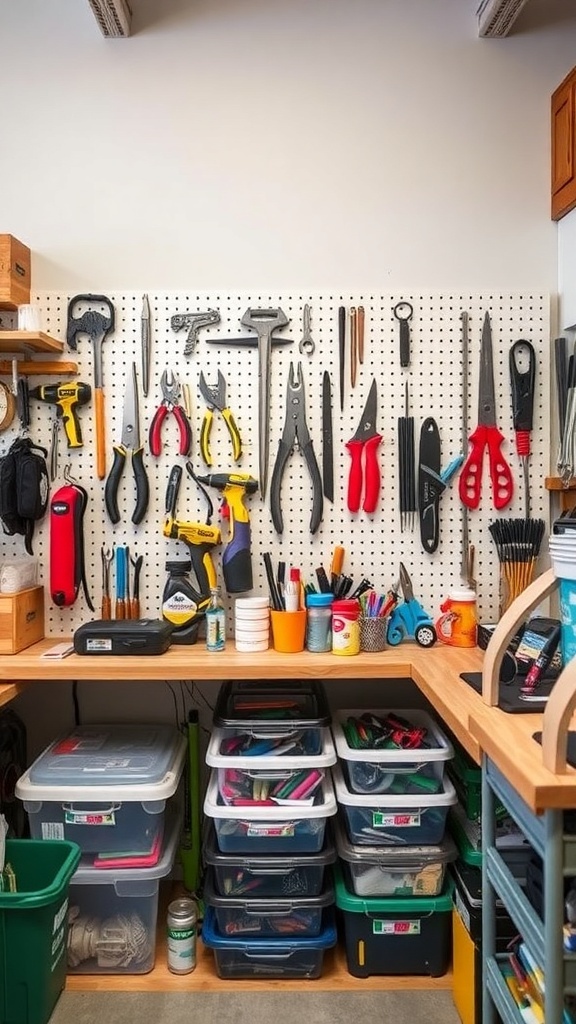 A well-organized craft room with tools on a pegboard and storage bins.