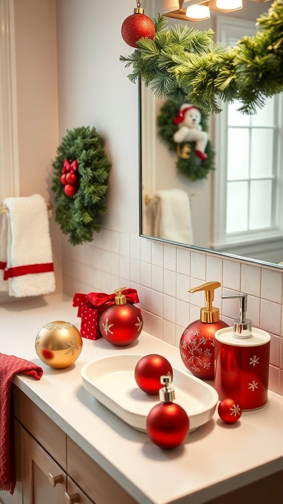 A beautifully decorated bathroom with Christmas-themed bath accessories, including red and gold ornaments.