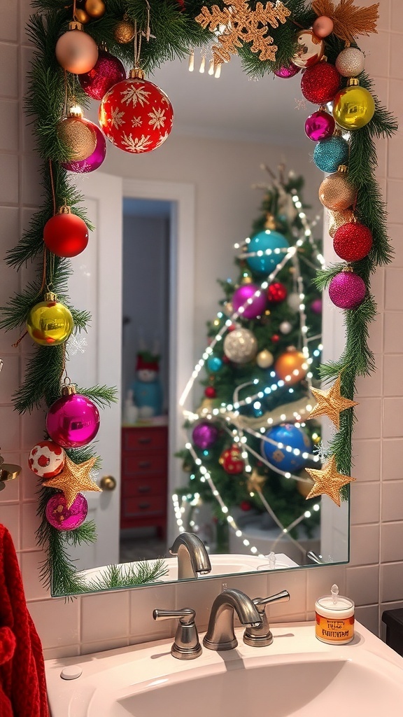 A beautifully decorated bathroom mirror with Christmas ornaments and a festive message.