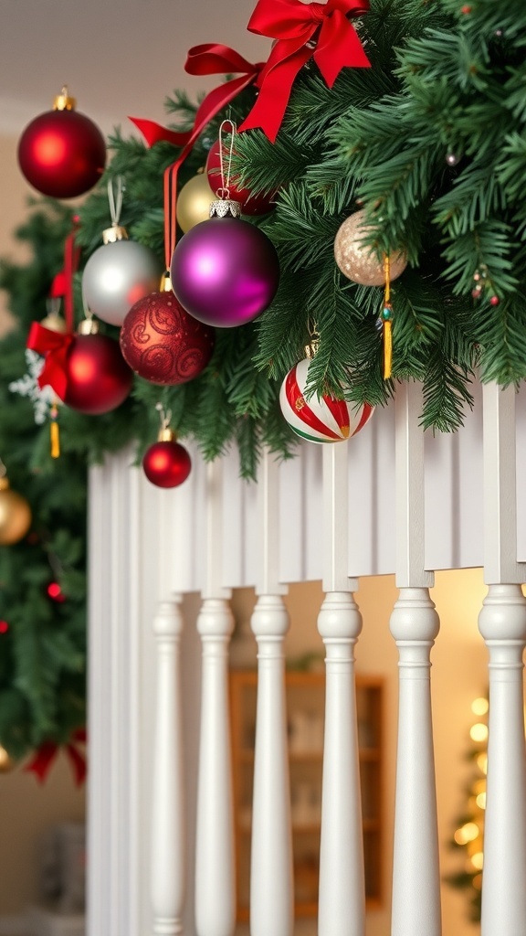 Christmas banister decorated with colorful ornaments and ribbons.
