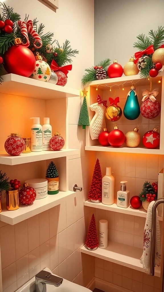 A bathroom shelf decorated with colorful Christmas ornaments and greenery.
