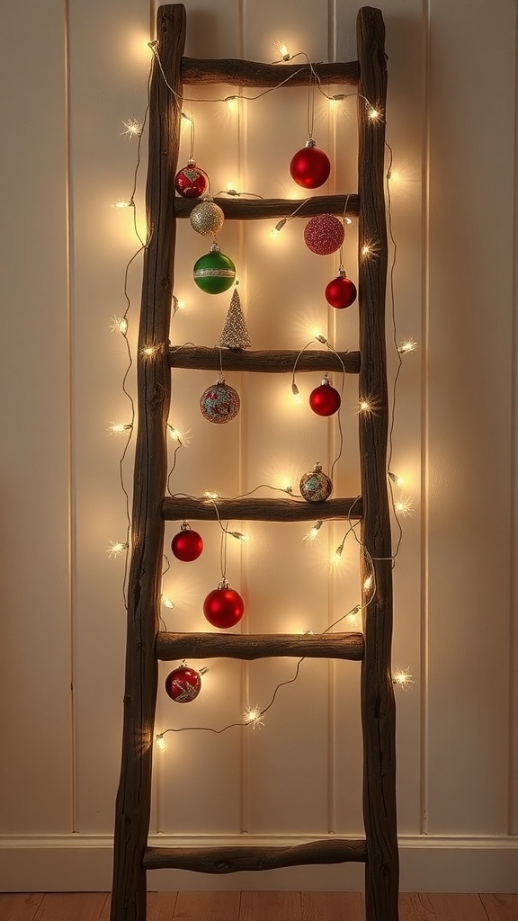 A wooden ladder decorated with Christmas ornaments and fairy lights.