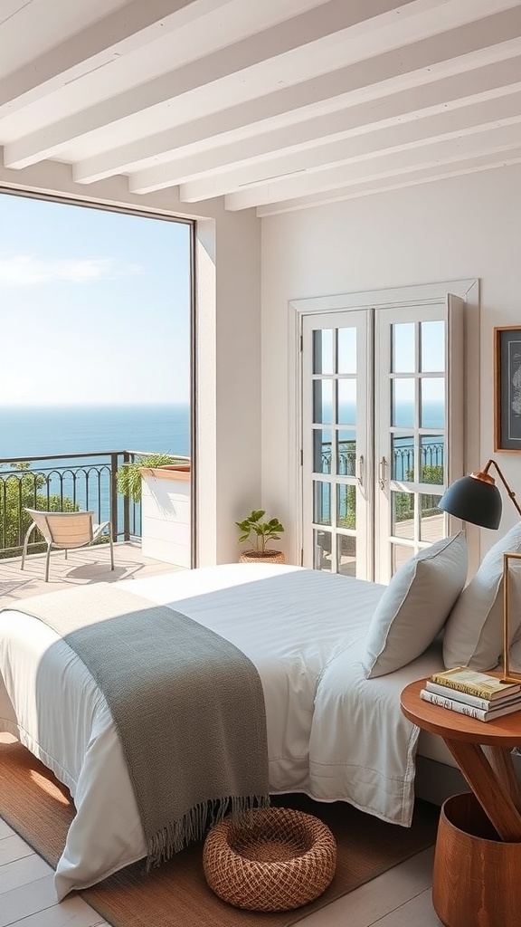 A coastal bedroom with a large window overlooking the ocean, featuring a cozy bed and a balcony.