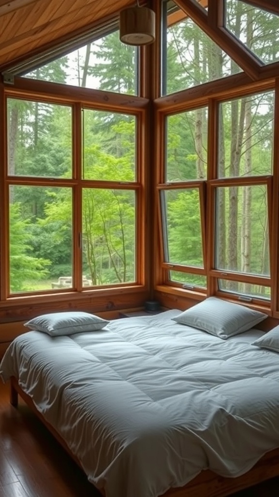 A rustic bedroom with a bed, large windows, and a view of trees outside.