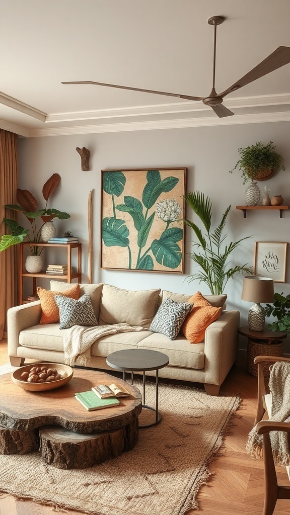 A cozy living room with natural decor elements, featuring a beige sofa, wooden coffee table, and green plants.