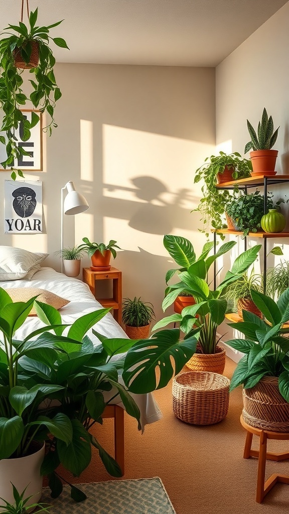 A cozy dorm room filled with various indoor plants, showcasing outdoor-inspired decor.