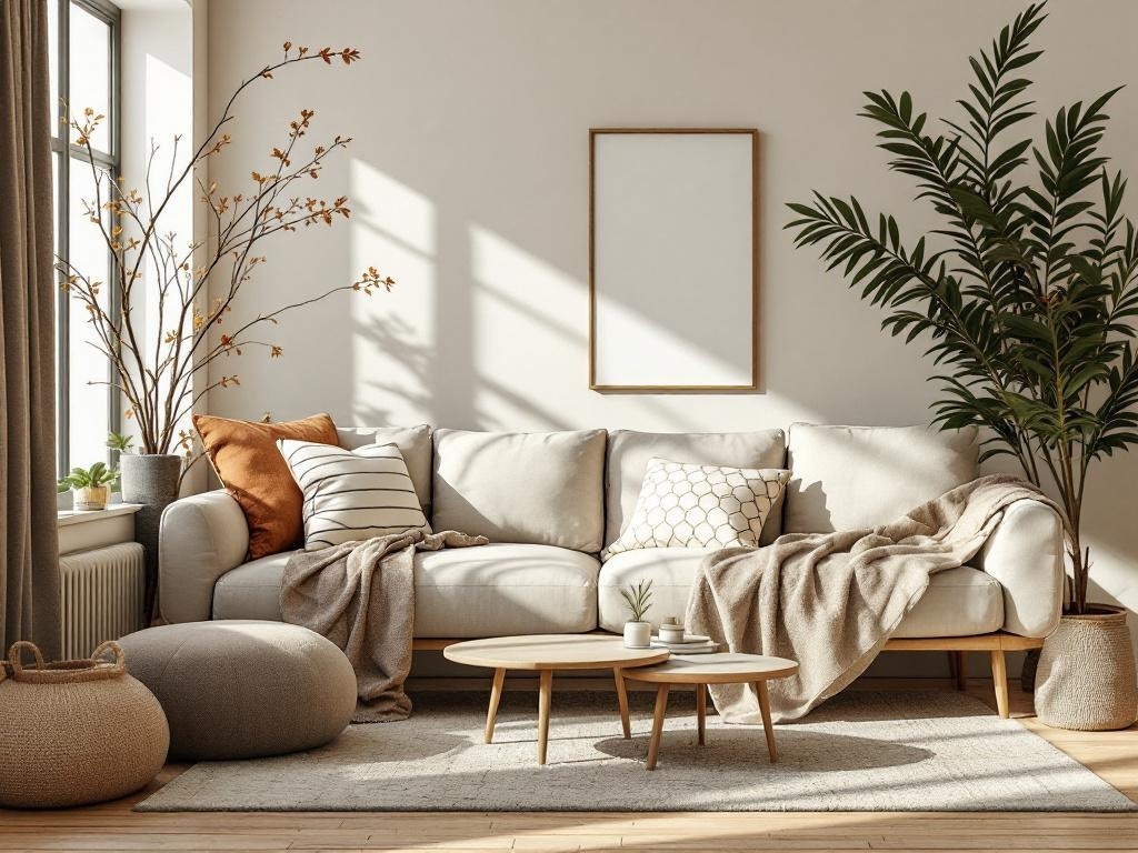 A cozy living room with a neutral sofa, autumn branches, and potted plants, creating an outdoor-inspired decor.