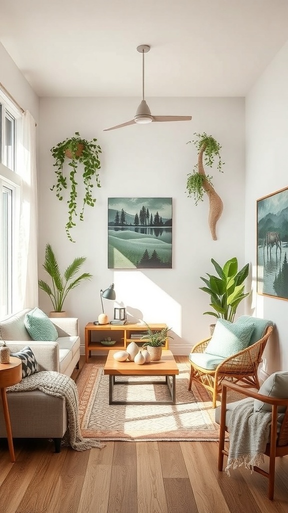 A cozy living room featuring plants, natural textures, and nature-themed art.
