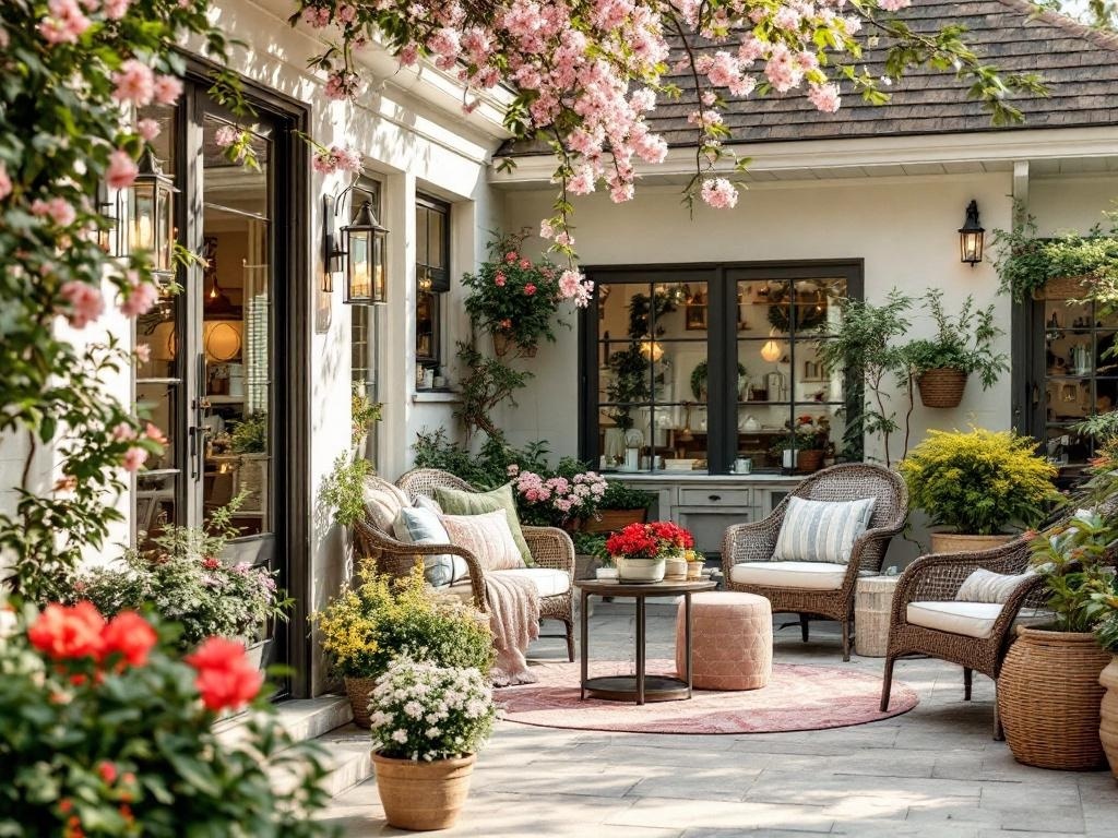 A cozy outdoor patio with wicker chairs, a round table, and blooming flowers.