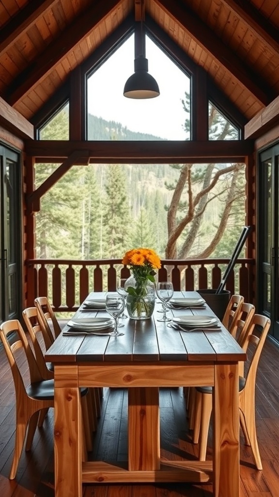 A rustic dining area in a mountain cabin with a wooden table, chairs, and large windows showcasing a forest view.