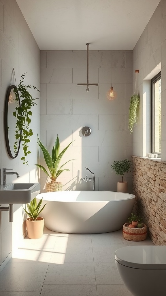 A modern bathroom featuring a freestanding tub, plants, and natural stone accents.