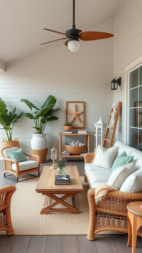Coastal farmhouse living room with rattan furniture and indoor plants