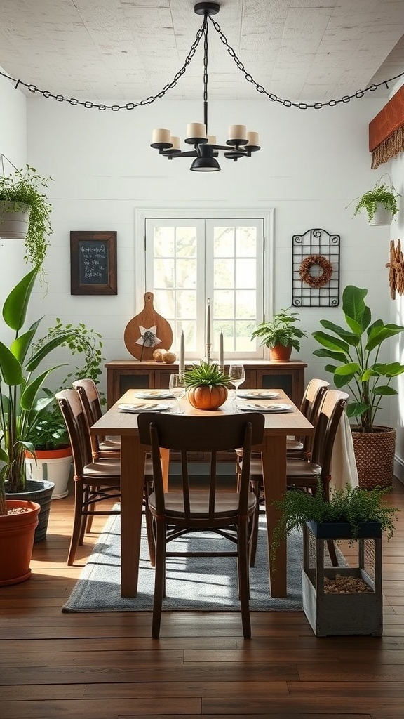 A rustic dining room with a wooden table, chairs, and various indoor plants.