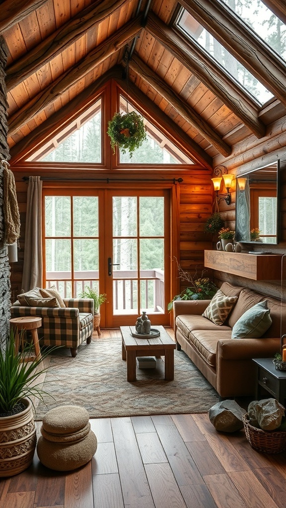Cozy cabin interior with wooden decor and plants
