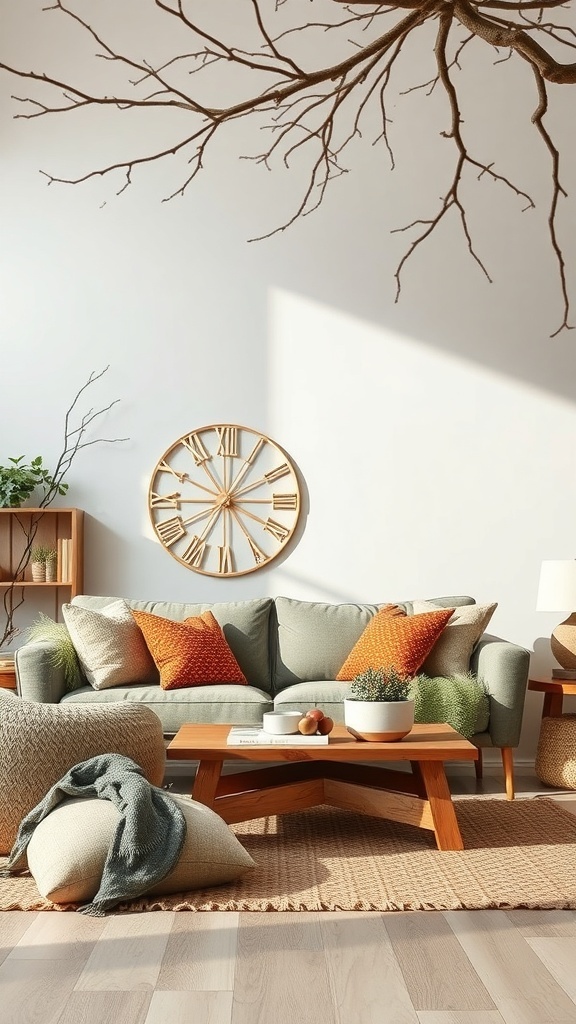 A cozy living room with a light-colored couch, orange pillows, a wooden coffee table, and natural decor elements.