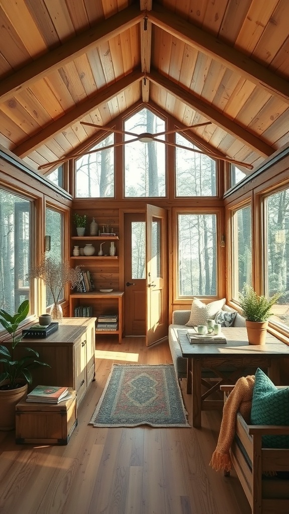 Cozy interior of a tiny cabin with wooden walls, large windows, and simple furnishings.