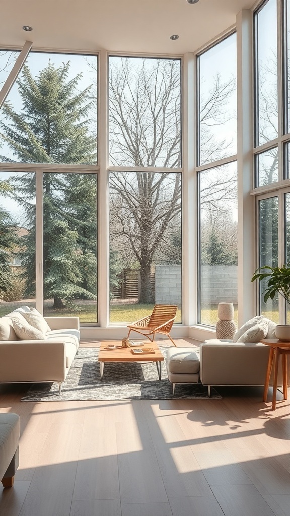 A contemporary living room with large windows, showcasing a bright and airy space.