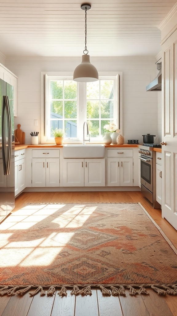 A kitchen with a natural fiber rug, bright sunlight, and white cabinetry.