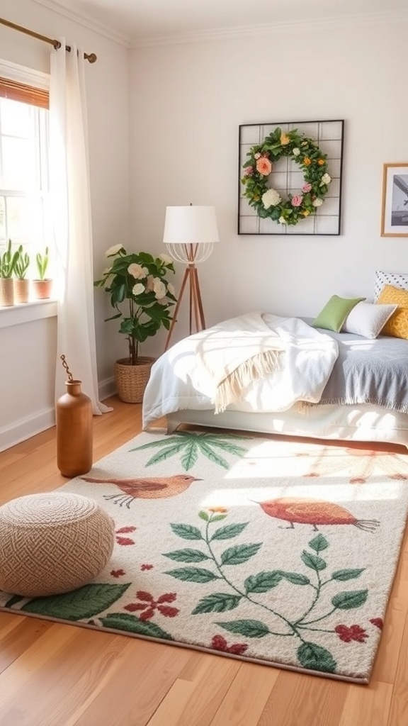 A cozy bedroom featuring a floral outdoor-inspired rug, plants, and warm lighting.