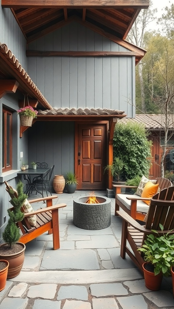 A rustic outdoor space featuring wooden chairs, a fire pit, and potted plants.